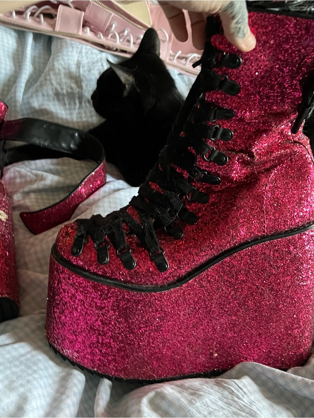 Dollskill Club exx Glitter Platform Lace-Up Boot - Pink